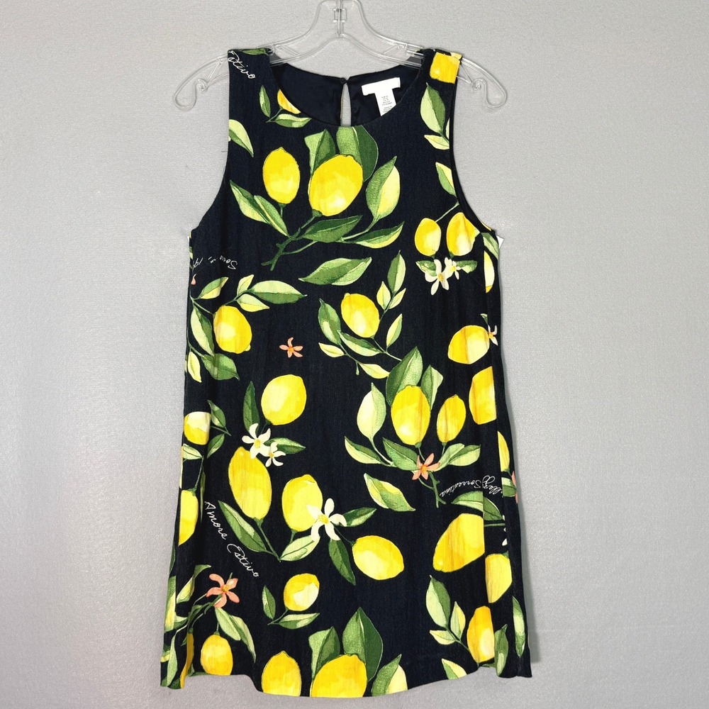 H&M Lemon Print Shift Boho Mini Dress Womens Size XS Summer Coastal Cottagecore